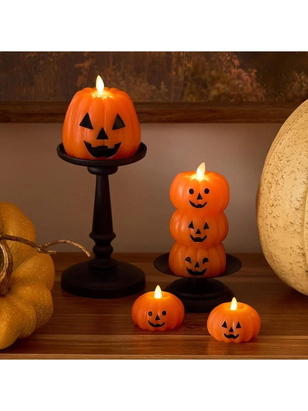 Flameless Jack-o-Lantern Pumpkins Candle - Real Wax, Moving Flame, LED Decor